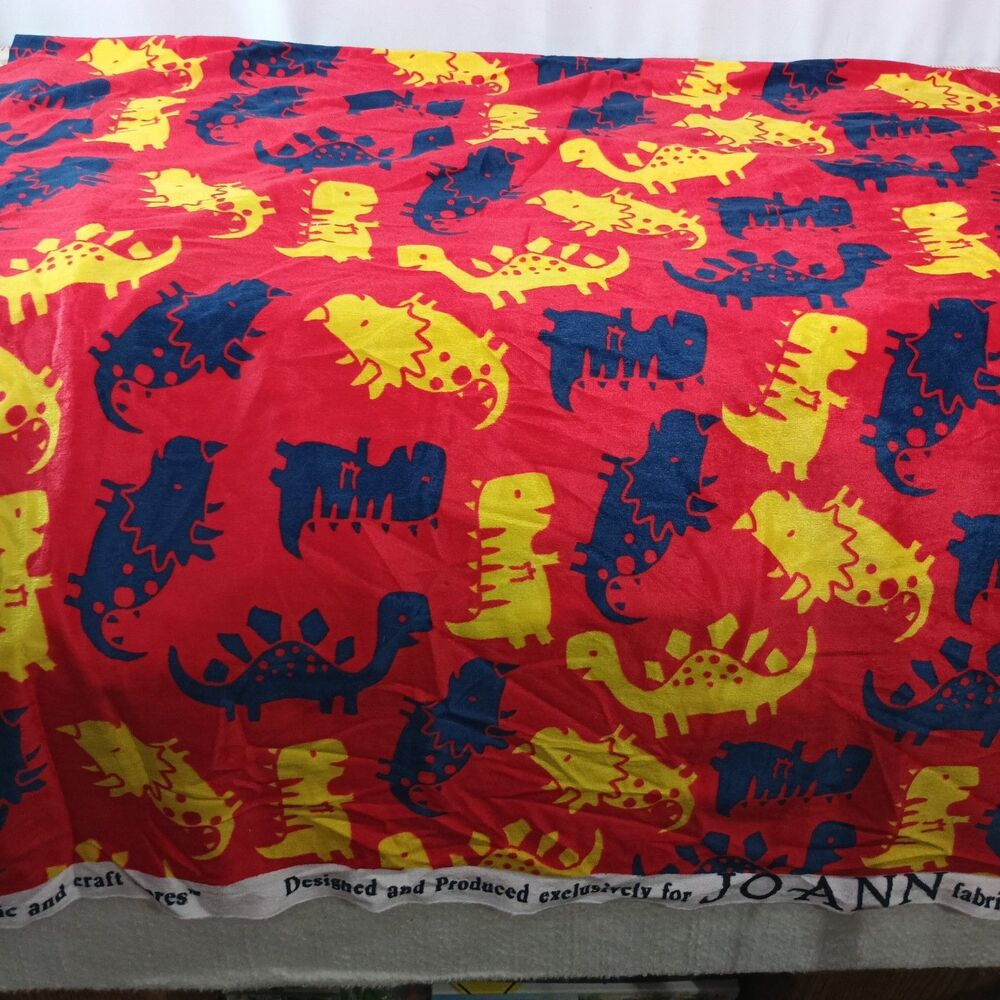 JoAnn Dinosaur Plush Fabric Red Yellow Blue Dino Print 1 Yard x 60" Kids
